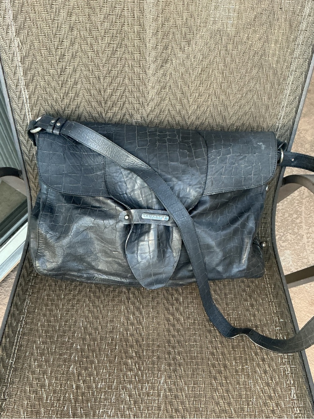 Lamarthe Black Gator Embossed Leather Black Leather Messenger Bag